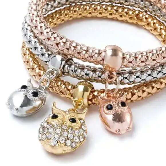 Gold 3 Piece Owl Charm Bracelet - Picture 2 of 2